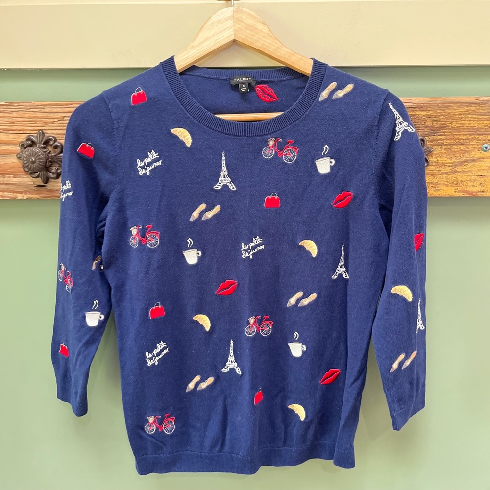 Talbots Womens Paris Embroidered Navy Blue Cotton Rayon Sweater Size S 3/4 Slv